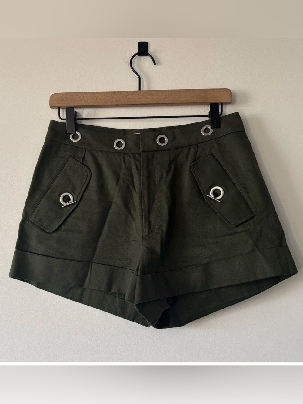 Sandro Olive Green High-Waist Shorts with Grommet Accents - 38 French/ M US